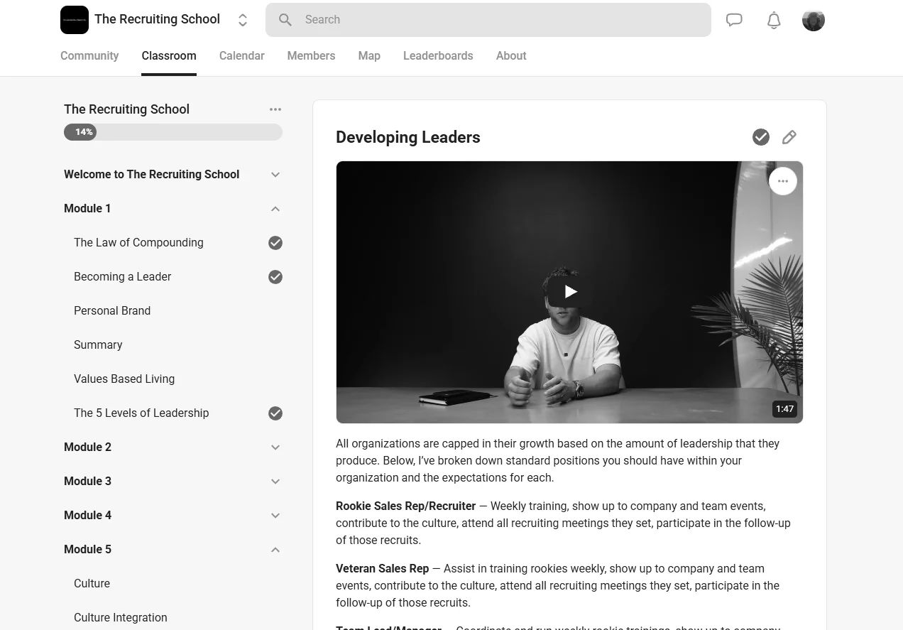 A lesson inside Module 1, with completed lessons marked off